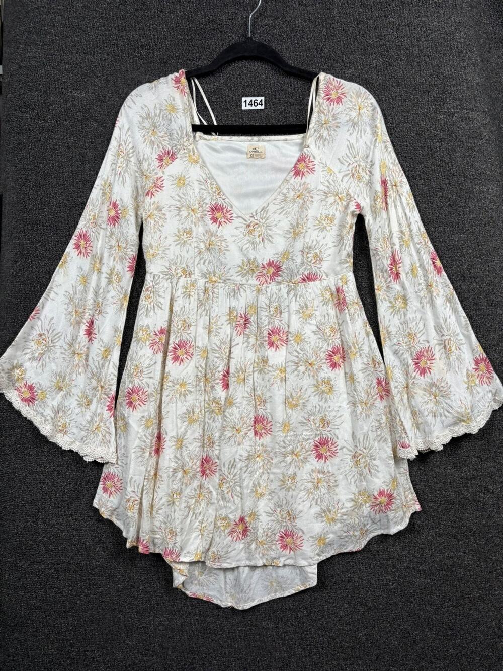 Oneill Gretchen Bell Sleeve Blouson Dress Womens Size XS White Floral Bohemian